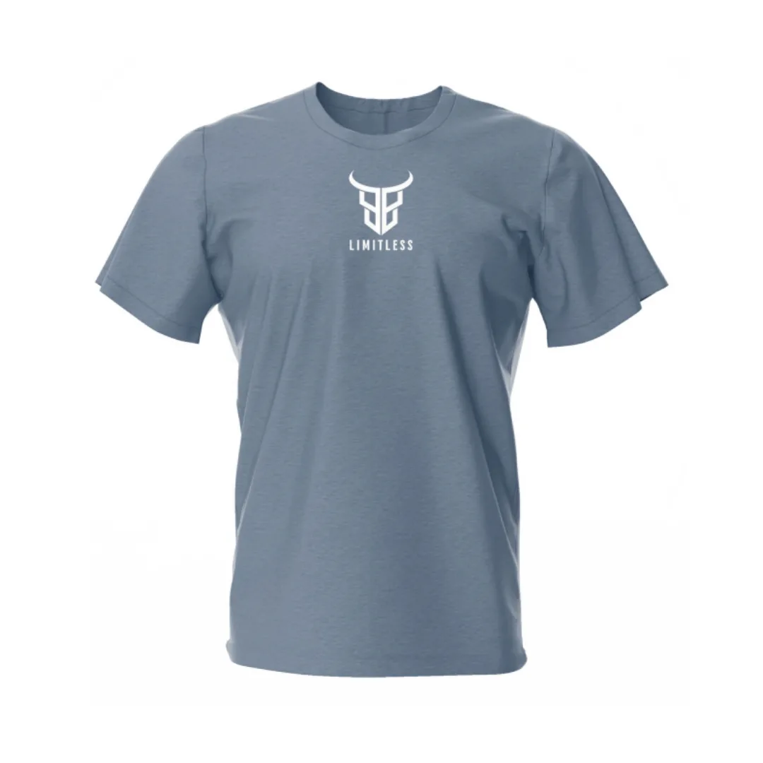 T-shirt gris-bleu floqué du logo Limitless, coach sportif