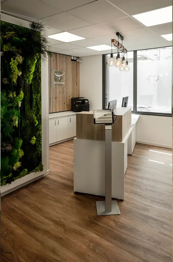 Accueil du cabinet dentaire Les Citadines à Saint-Pierre avec mur végétal, banque d’accueil blanche et panneau en bois