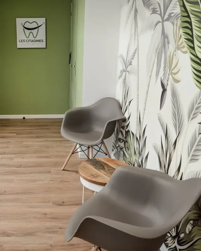 Fauteuils gris devant un mur vert sauge portant le logo du cabinet Les Citadines
