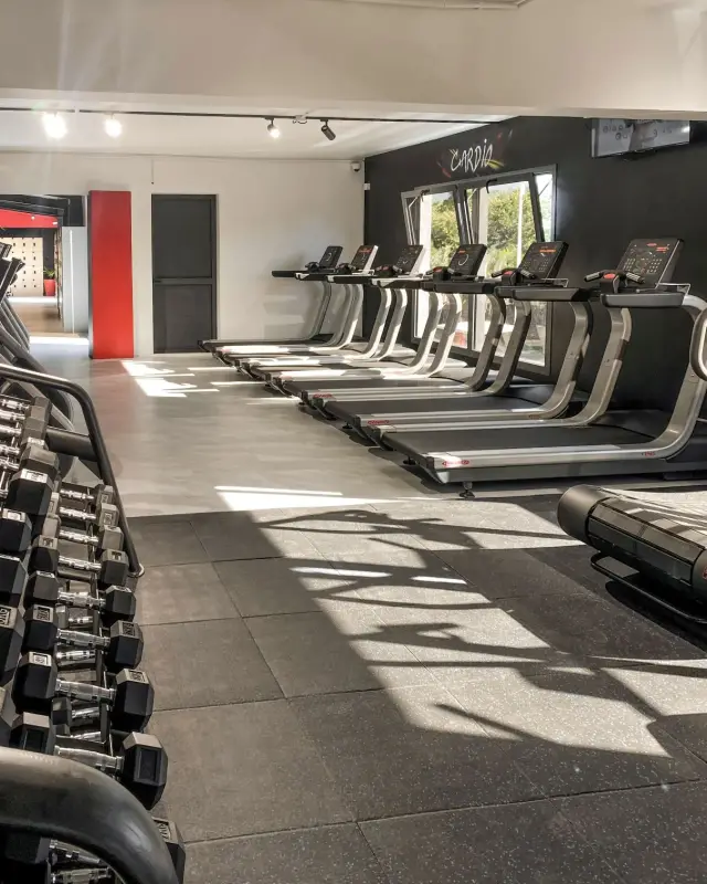 Espace cardio avec rangée de tapis de course face aux fenêtres, mur noir au lettrage Cardio et rack d’haltères