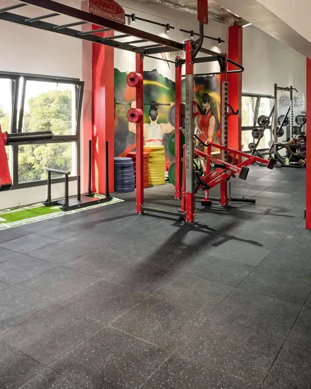 Cage d’entraînement rouge devant une fresque peinte d’athlètes et de grandes fenêtres sur la verdure