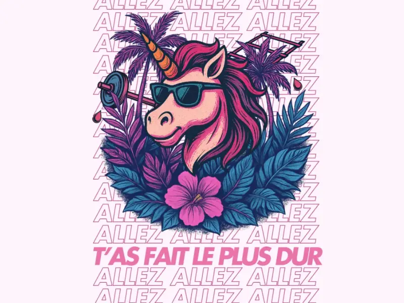 Illustration d’une licorne à lunettes entourée de feuillages tropicaux pour un t-shirt d’événement sportif