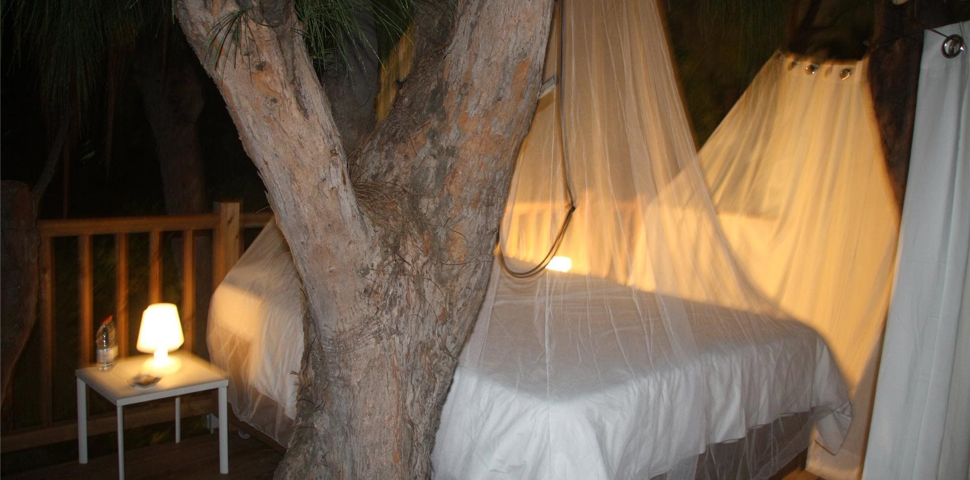 Lit sous moustiquaire installé de nuit entre les filaos pour une nuit à la belle étoile