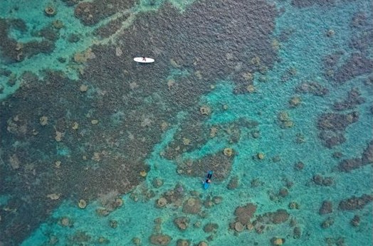Vue aérienne d'un stand-up paddle sur le lagon et ses patates de corail
