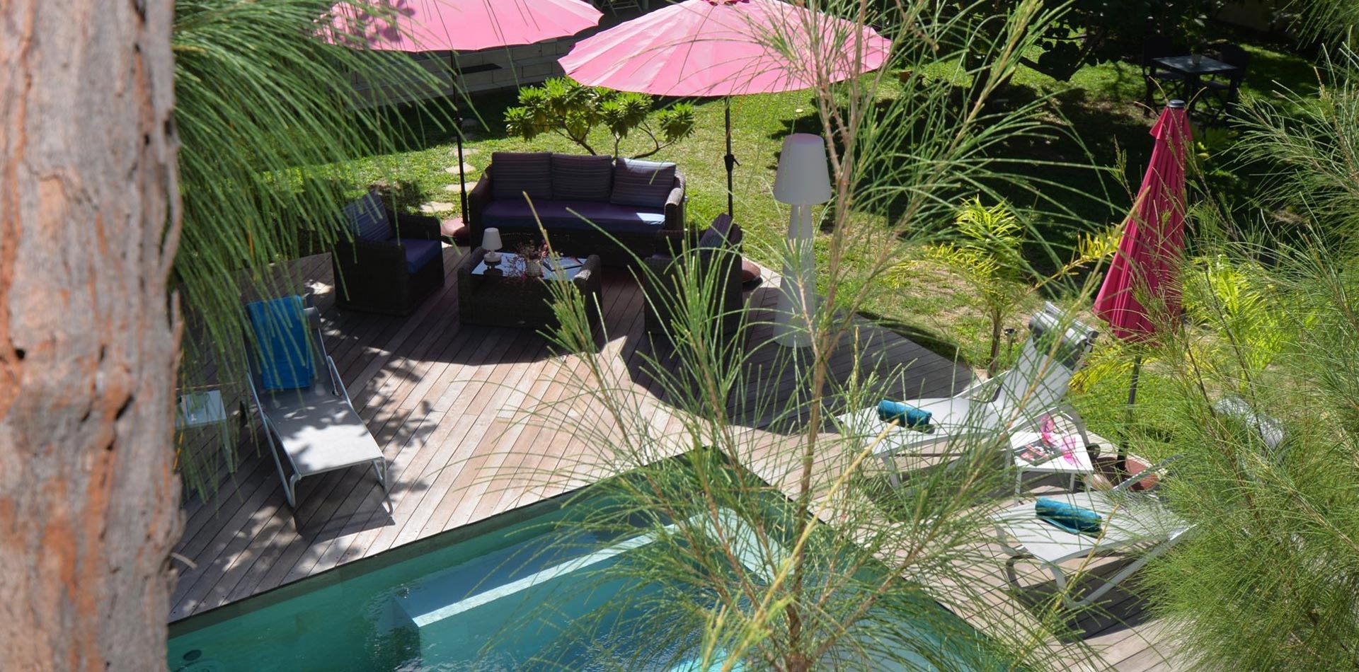 Vue plongeante sur la piscine et son deck depuis la terrasse dans les arbres