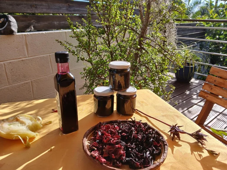 Rhum arrangé, confitures maison et fleurs d'hibiscus séchées sur la terrasse de Lé Fé Coco