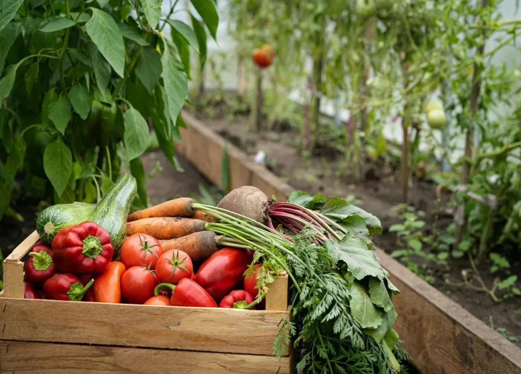 Caisse de légumes fraîchement récoltés dans une serre