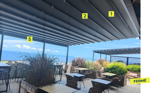 Schéma technique de la pergola rétractable ASTRO 2 : toile et gouttière