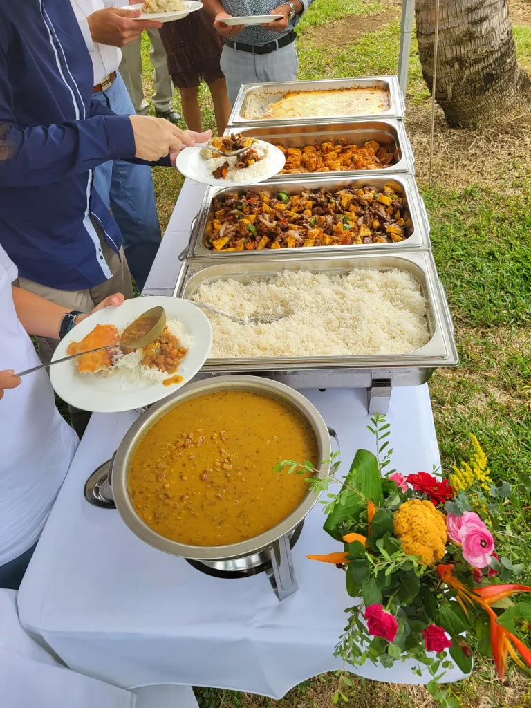 Buffet créole complet du traiteur VH Tous Services : caris, riz, grains et rougail servis à La Réunion